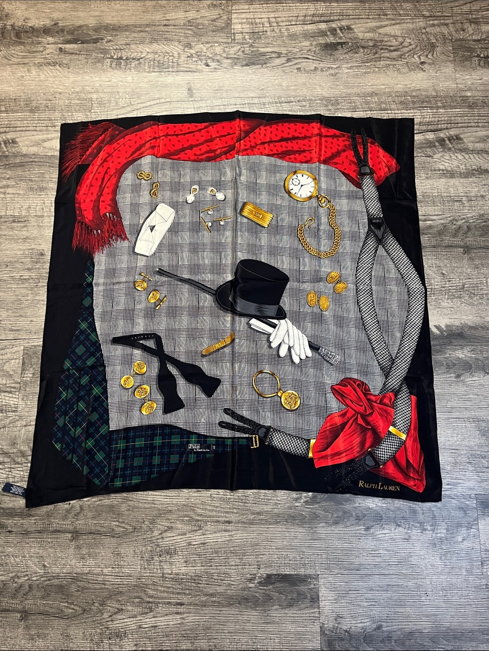 Ralph Lauren Black and Red Silk Scarf with Gold Motifs